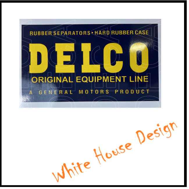 Vintage Delco battery style , STICKER DECAL , car bike. toolbox, garage.